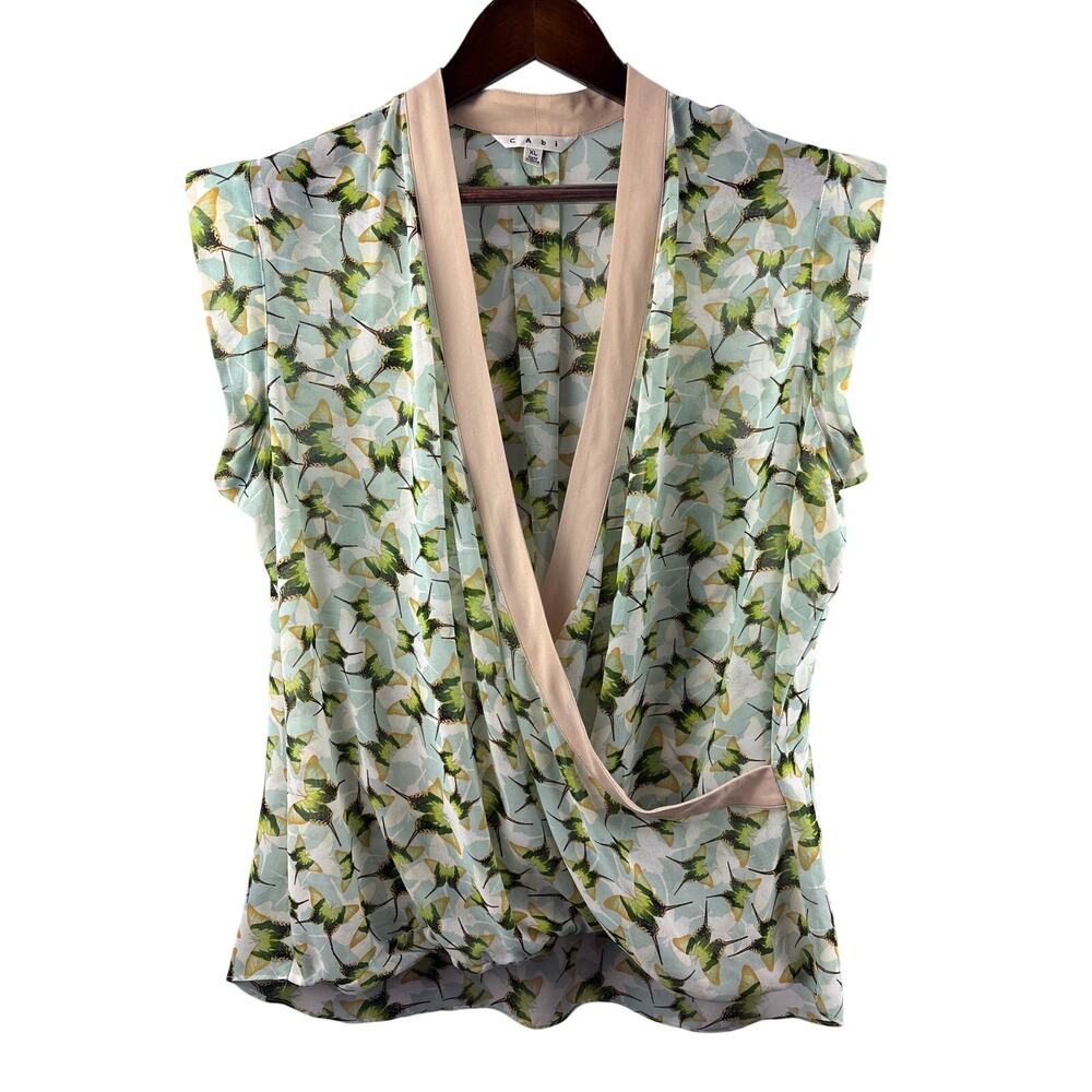 Women’s Cabi XL Light Teal w/ Green Butterflied Patterned Sleeveless Blouse